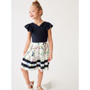 Baker by Ted Baker 13 Years Frilled Sleeve Scuba Dress Navy Hummingbird Floral